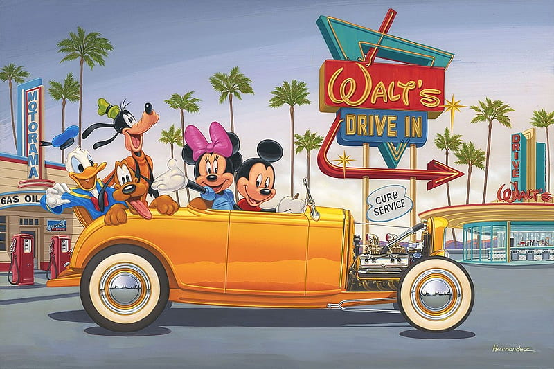 Drive in, art, luminos, caine, yellow, mickey mouse, hernandez, car, painting, pluto, minnie, pictura, disney, dog, HD wallpaper