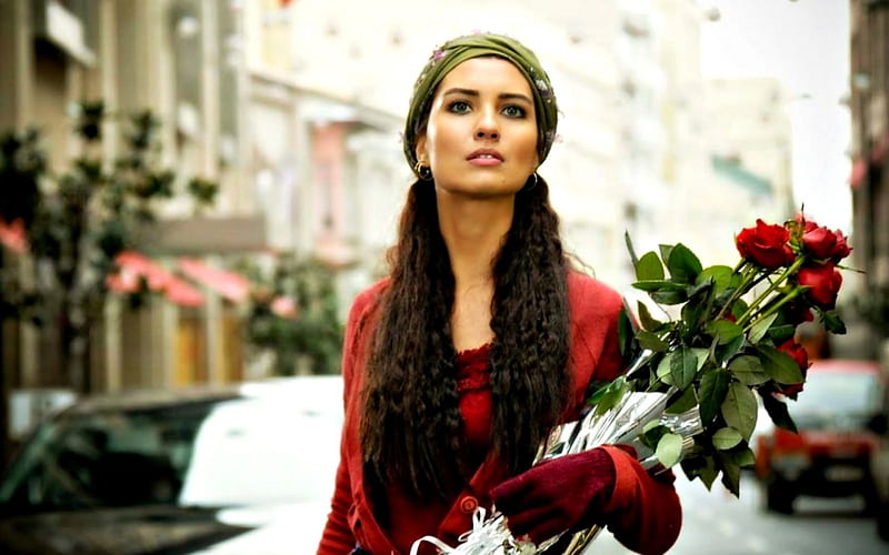 Tuba Buyukustun, red, rose, woman, gloves, girl, actress, flower, turkish, HD wallpaper