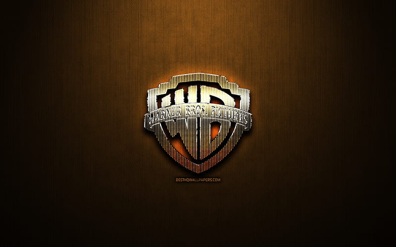 Warner Bros glitter logo, cars brands, creative, bronze metal background, Warner Bros logo, brands, Warner Bros, HD wallpaper