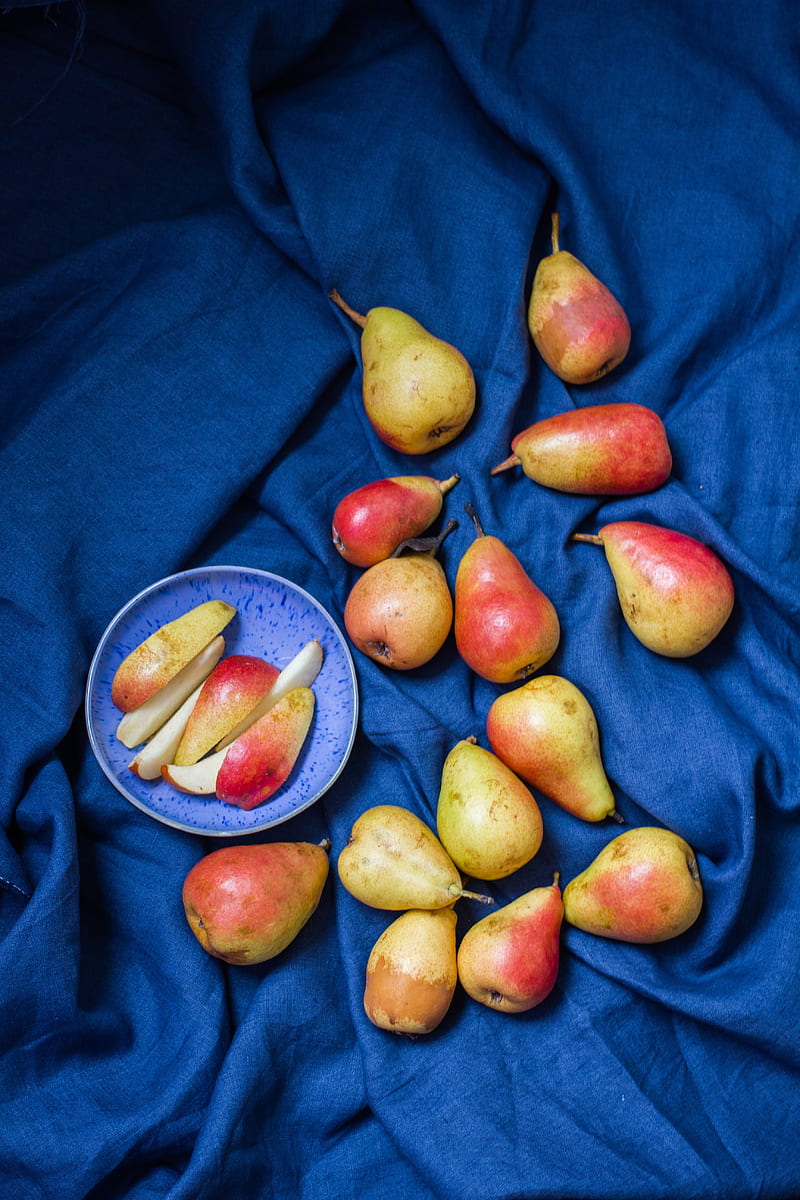 pears, fruit, plate, cloth, HD phone wallpaper