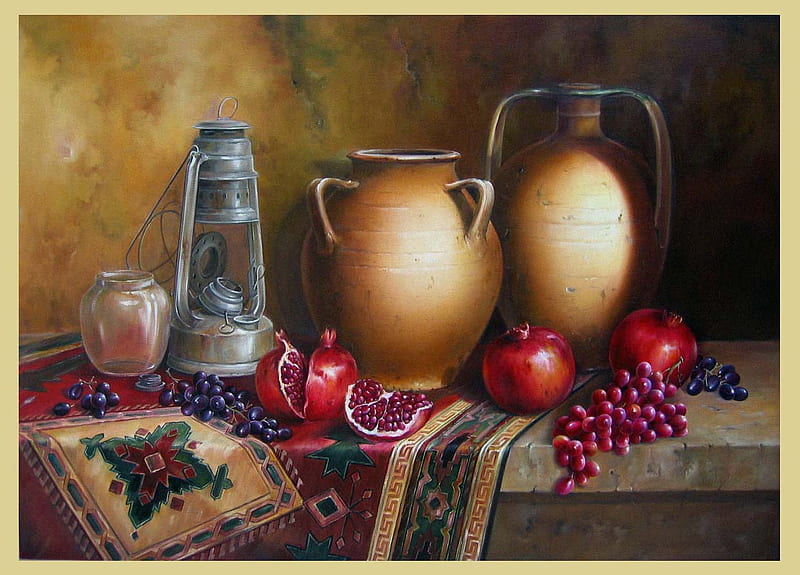 Jugs And Fruit, table, grapes, runner, pomagranite, beets, oil lantern, jugs, HD wallpaper