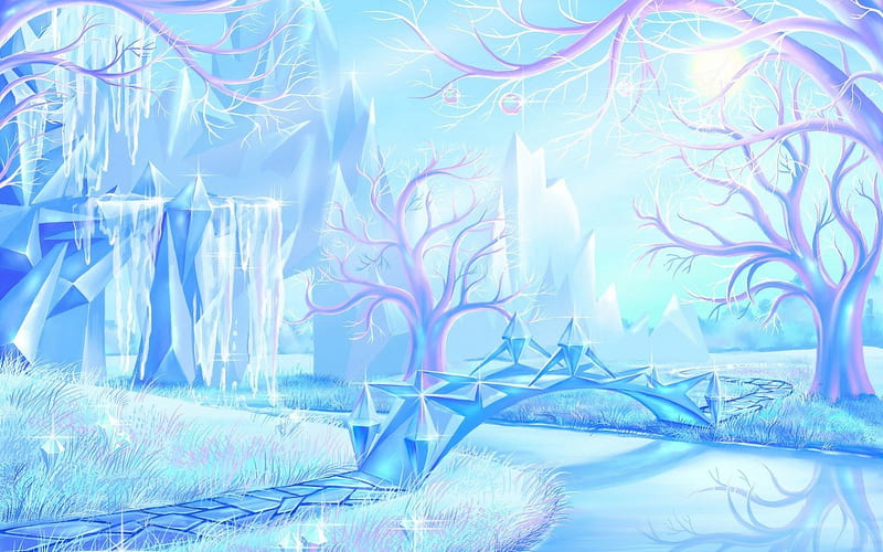Fantasy world, art, winter, tree, fantasy, water, bridge, joya filomena, ice, day, land, pink, light, blue, HD wallpaper