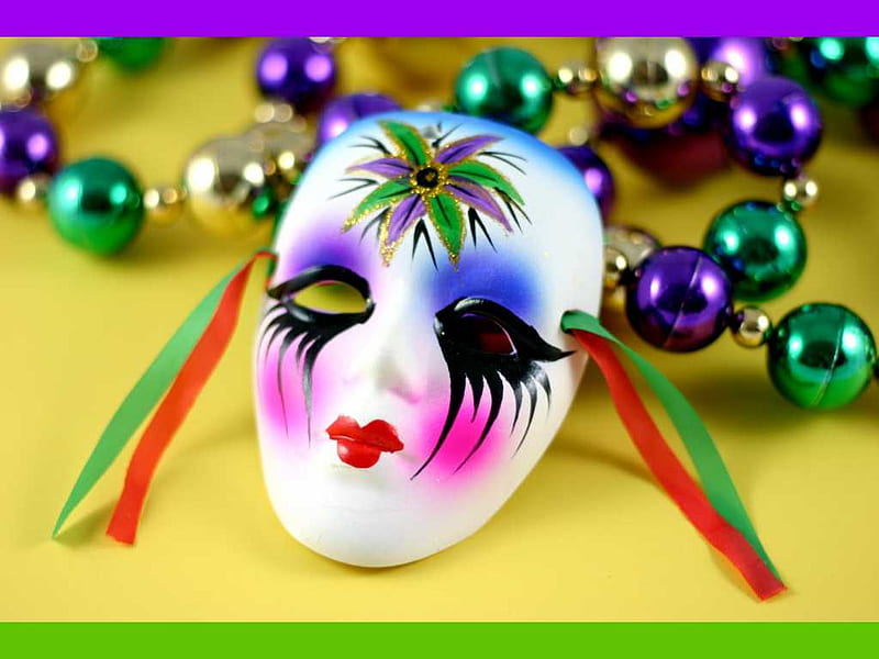 Mask and beads, colorful, nice, mardi gras, painted, face, beads, ribbons, mask, HD wallpaper
