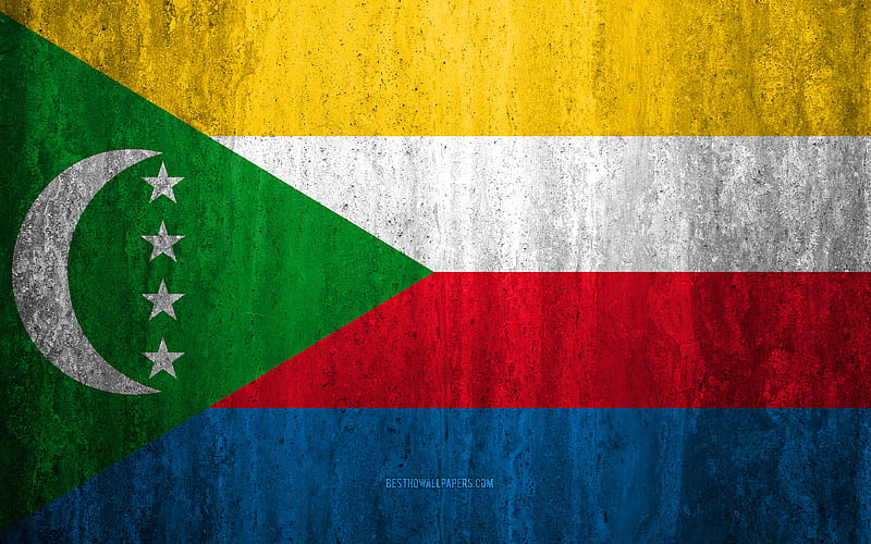 Flag of Comoros stone background, grunge flag, Africa, Comoros flag, grunge art, national symbols, Comoros, stone texture, HD wallpaper