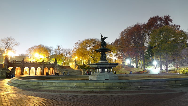 Central Park Night, Fountain, Park, Central, Night, HD wallpaper