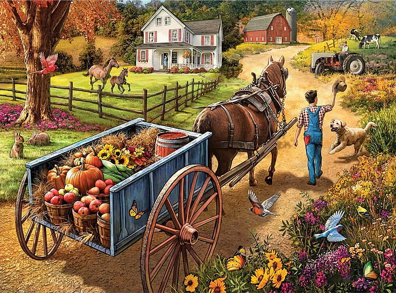 Bringing Home Supper, fence, tractor, house, apples, birds, cart, horses, artwork, boy, pumpkin, flowers, painting, dog, cows, HD wallpaper