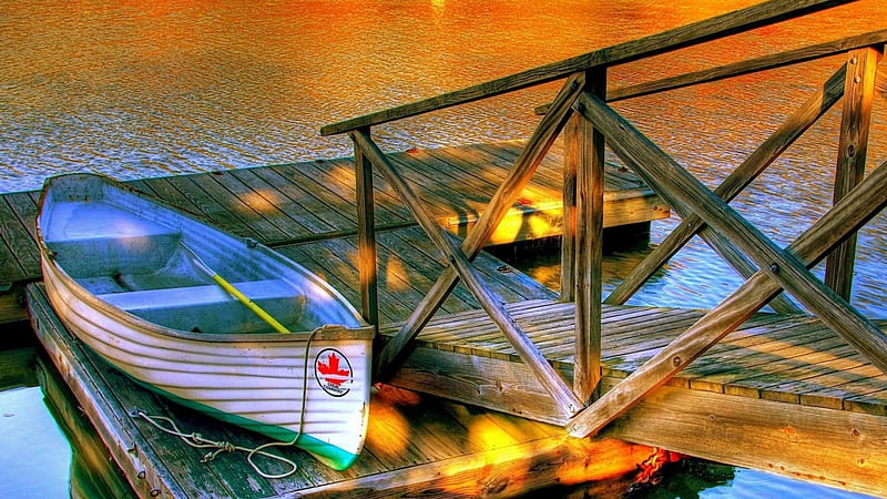 Boat resting on a lake dock r, boat, dock, golden, stairs, r, lake, HD