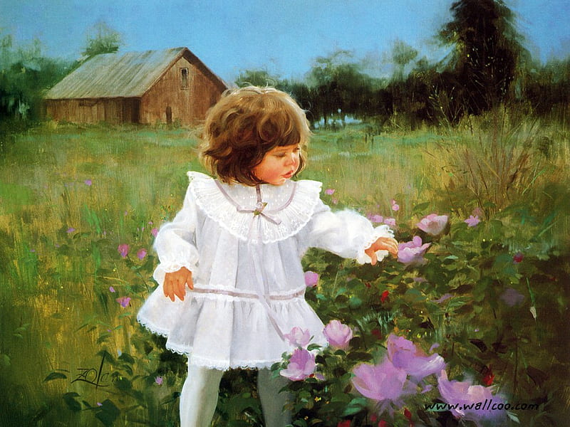Donald Zolan children painting, donald zolan, art, house, grass, painting, children, flower, HD wallpaper