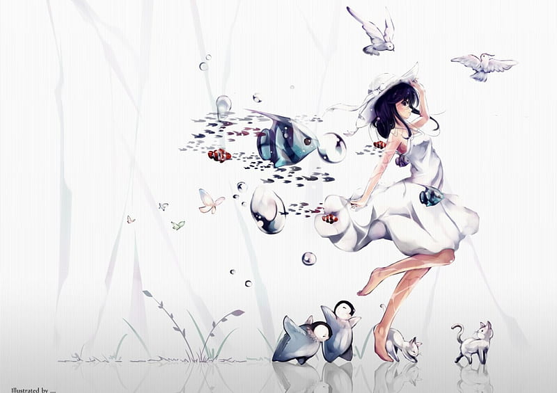 Come On Everyone!!, fish, birds, butterflies, hat, girl, anime, bubbles, white dress, black hair, animals, HD wallpaper