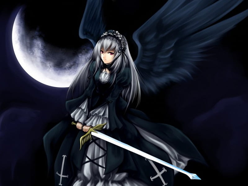 Black Wings, dress, wing, rozen maiden, moon, blade, anime, feather, hot, anime girl, weapon, long hair, sword, night, female, wings, suigintou, angel, gown, black, sexy, cute, girl, dark, HD wallpaper