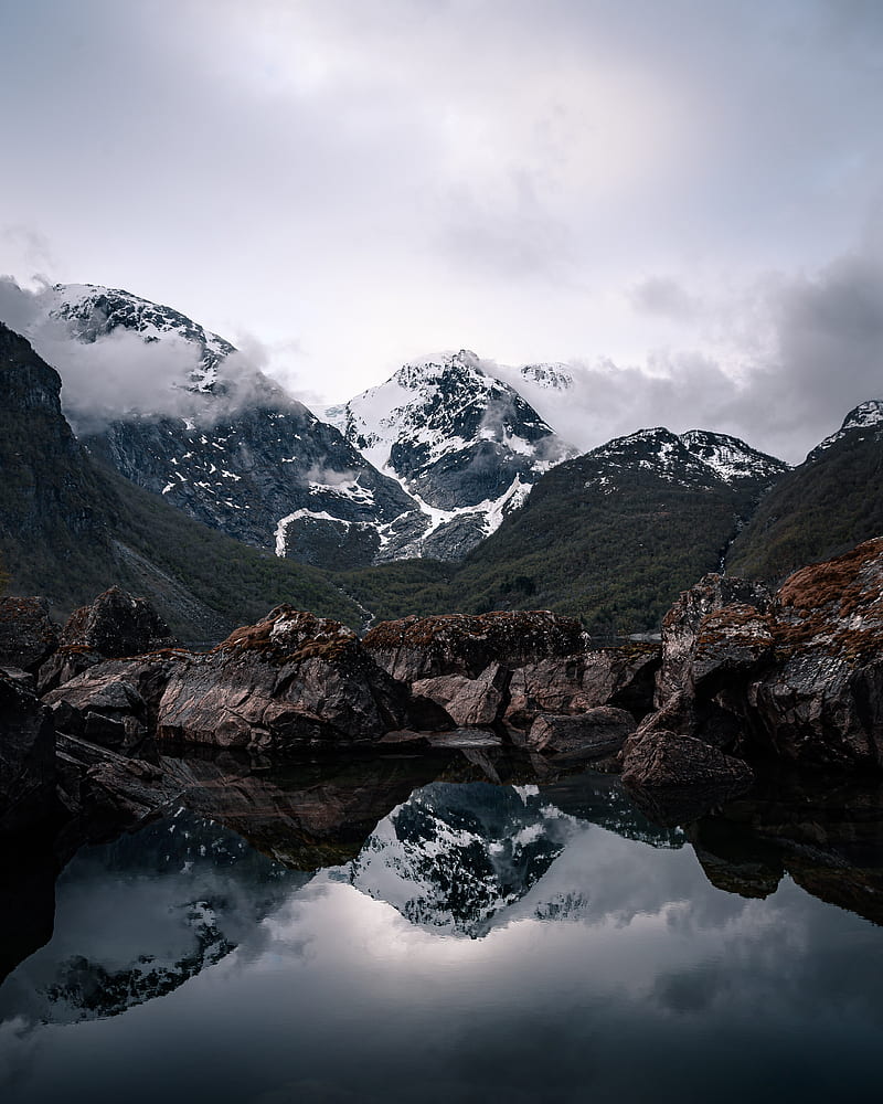 mountains, lake, reflection, rocks, clouds, snowy, HD phone wallpaper