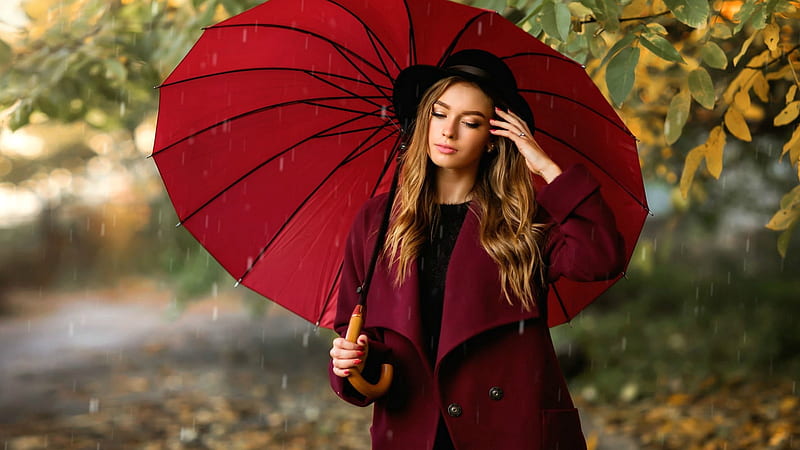 Typical Fall Day in Vancouver, BC, umbrella, blonde, rain, model, hat, HD wallpaper