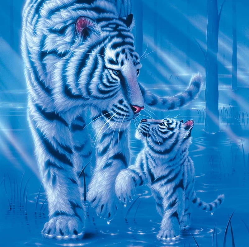 Mama and baby, big cat, tiger, mother, baby, iarna, animal, winter, cute, fantasy, cub, mama, tigru, white, pisica, blue, HD wallpaper