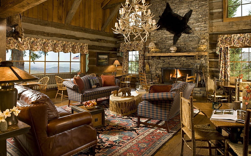 Rustic Living Room, fireplace, rustic, rug, living room, HD wallpaper