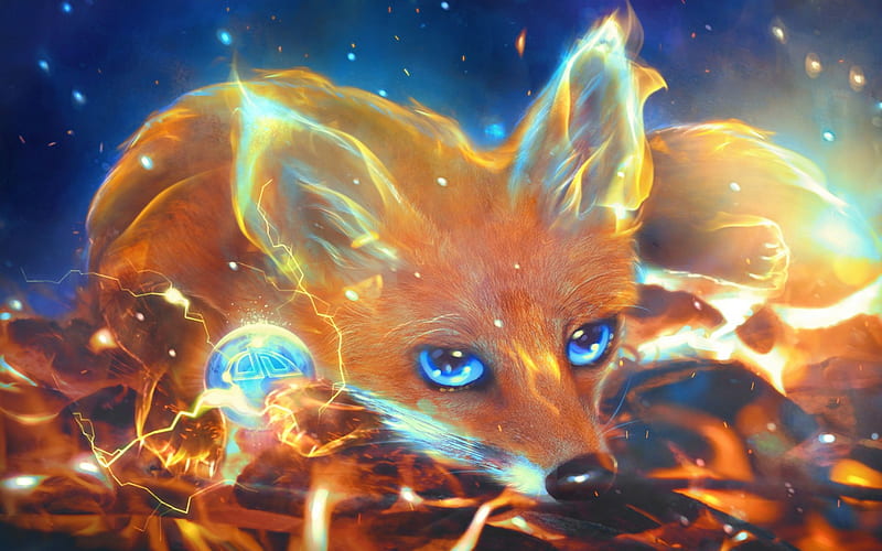 Firefox, red, art, orange, marilucia, animal, ball, fox, blue, HD wallpaper