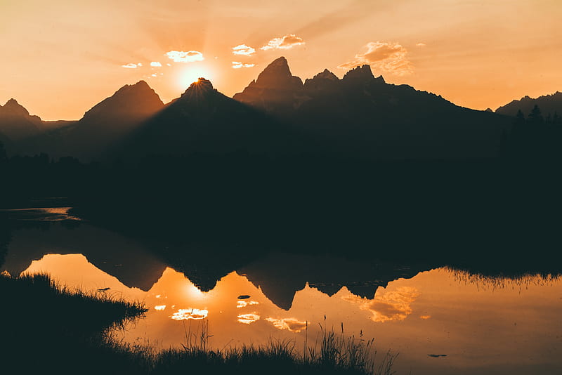 mountains, water, sunset, reflection, sunlight, sky, HD wallpaper