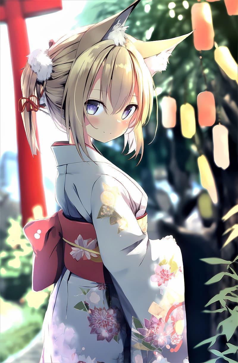 girl, glance, neko, ears, kimono, anime, HD phone wallpaper
