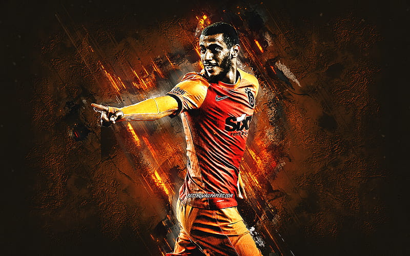 Younes Belhanda, Galatasaray, moroccan football player, portrait, orange stone background, soccer, HD wallpaper