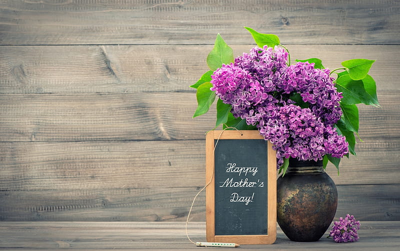 Happy Mother's Day!, lilac, vase, spring, mother, card, green, purple, flower, day, wood, HD wallpaper