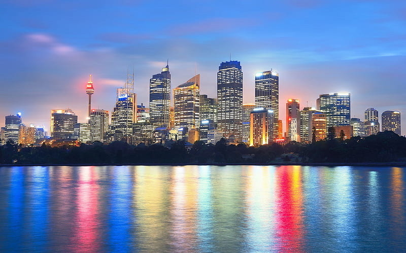 Sydney, nightscapes, skyscrapers, reflection, Australia, HD wallpaper