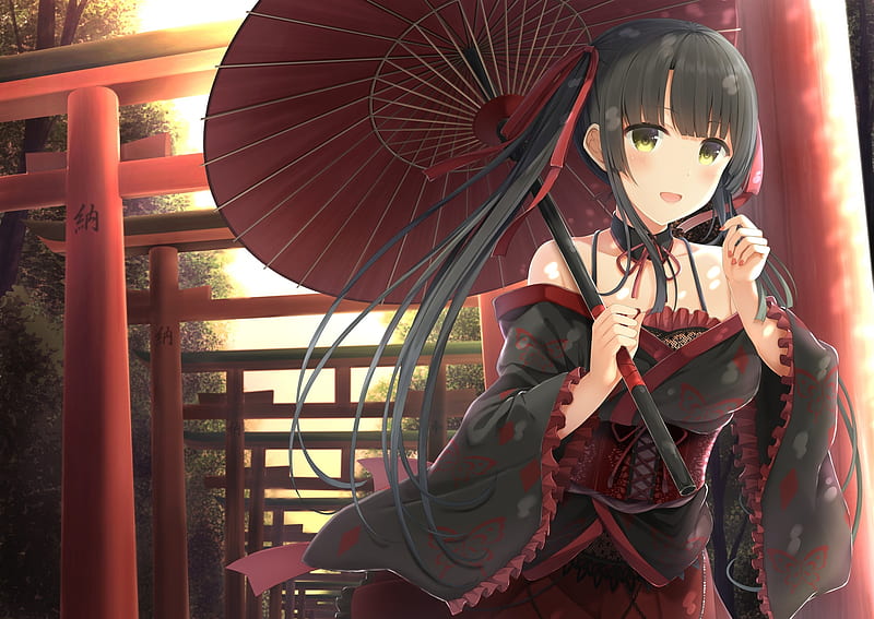 anime gothic girl, torii, shrine, lolita, umbrella, smiling, Anime, HD wallpaper