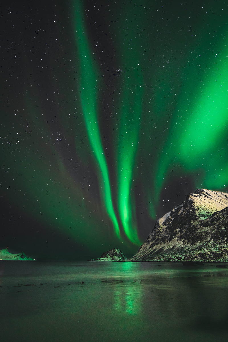 northern lights, aurora, mountain, snow, ice, norway, HD phone wallpaper