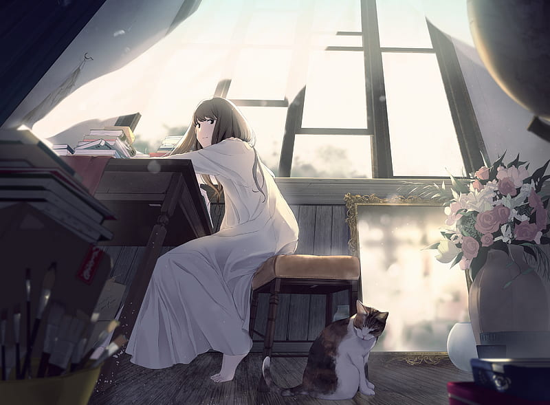 anime girl and cat, books, white dress, curtain, dress, Anime, HD wallpaper