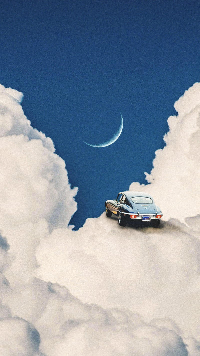 Cloudy Car, Taudalpoi, awesome, blue, carros, cloud, cool, moon, retro, space, surreal, surrealism, vintage, HD phone wallpaper