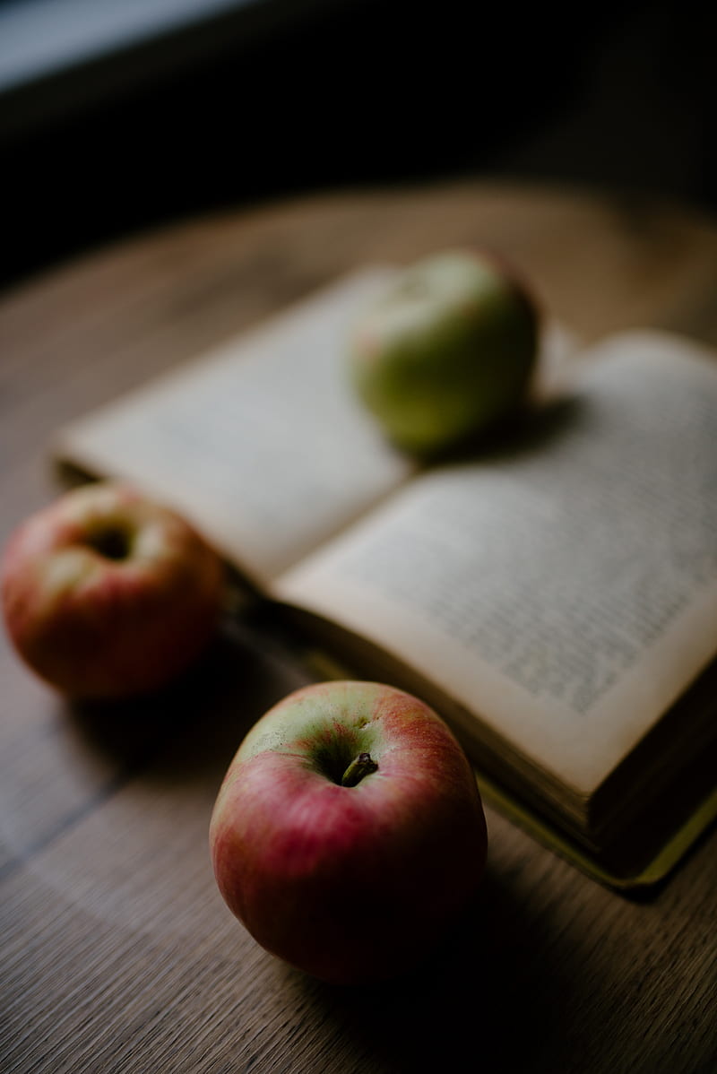 apples, book, fruit, red, green, HD phone wallpaper