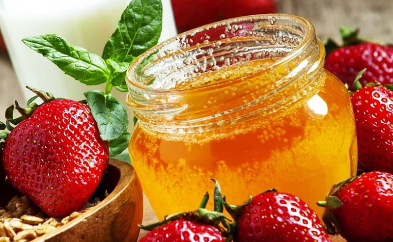 Honey, strawberries, jam, food, HD wallpaper