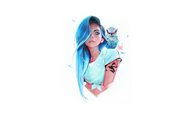 Blue Eyes Blue Hair Girl With Owl, artist, artwork, , blue-eyes, HD wallpaper
