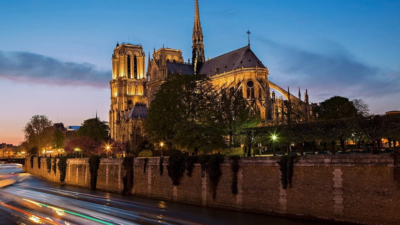 notre dame cathedral in paris, cathedral, city, bank, dusk, river, wall, lights, HD wallpaper