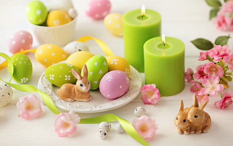 Happy Easter!, rabbit, green, flower, easter, bunny, pink, figurine, candle, brown, egg, HD wallpaper