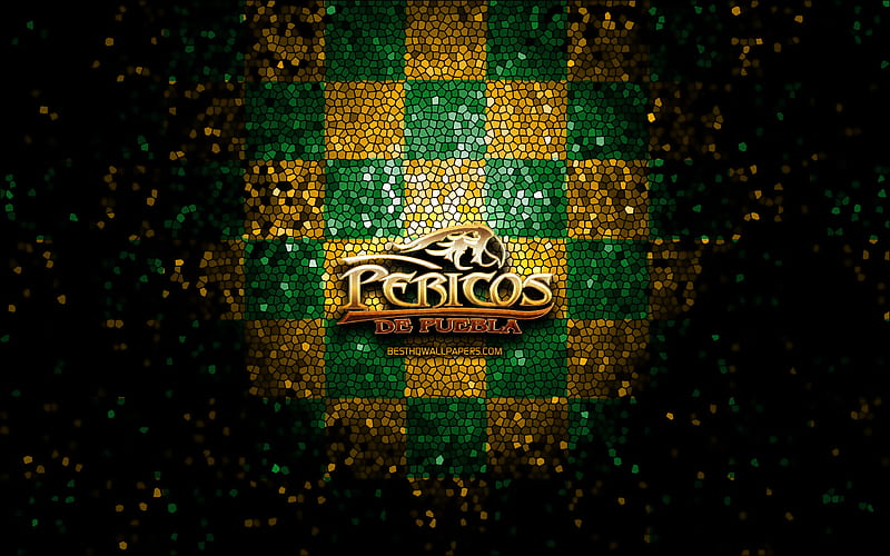 Pericos de Puebla, glitter logo, LMB, yellow green checkered background, mexican baseball team, Pericos de Puebla logo, Mexican Baseball League, mosaic art, baseball, Mexico, HD wallpaper