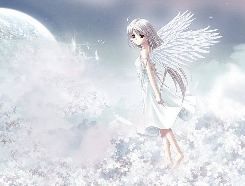 anime angel en el cielo, sky, clouds, anime, angel, HD wallpaper