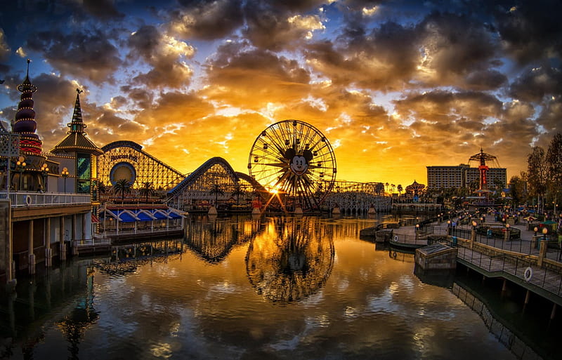 Disney World, florida, water, rollercoaster, sunset, reflection, clouds, HD wallpaper