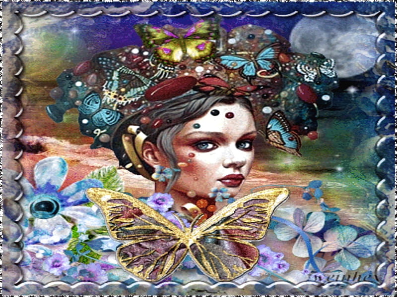 butterfly queen, fantasy, butterfly, bonito, face, framed, woman, HD wallpaper