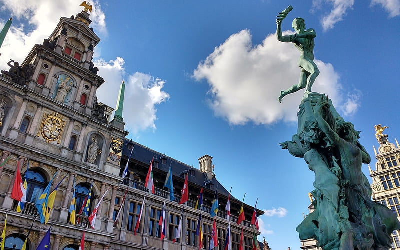 Antwerp, Belgium, house, monument, marketplace, Belgium, Antwerp, HD wallpaper