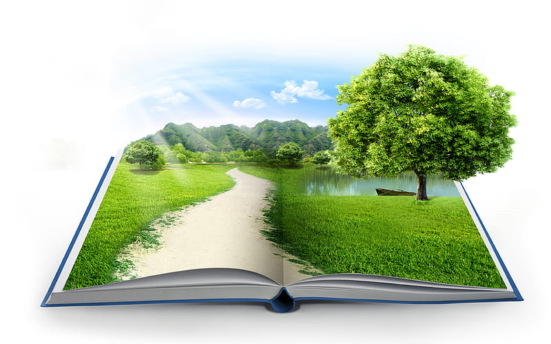 ecology concepts green book, environment, green grass, mountains, take care of nature, eco concepts with a book, HD wallpaper