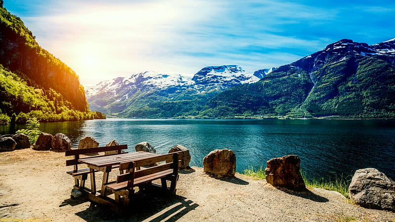 Norwegian landscape, north, hills, rest, shore, bench, bonito, sky, lake, mountain, stones, cliffs, river, reflection, Norway, landscape, HD wallpaper