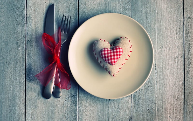 ⚜...With Lve...⚜, red, ribbon, mood, knife, board, cell, heart, plate, tissue, fork, HD wallpaper