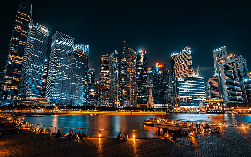 Singapore at night, harbor, nightscapes, skyscrapers, Singapore, modern buildings, cityscapes, Asia, Singapore, HD wallpaper