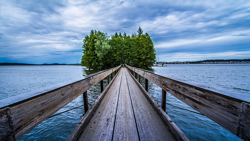 wooden pedestrian bridge to an island on a lake, bridge, island, trees, lake, wooden, HD wallpaper