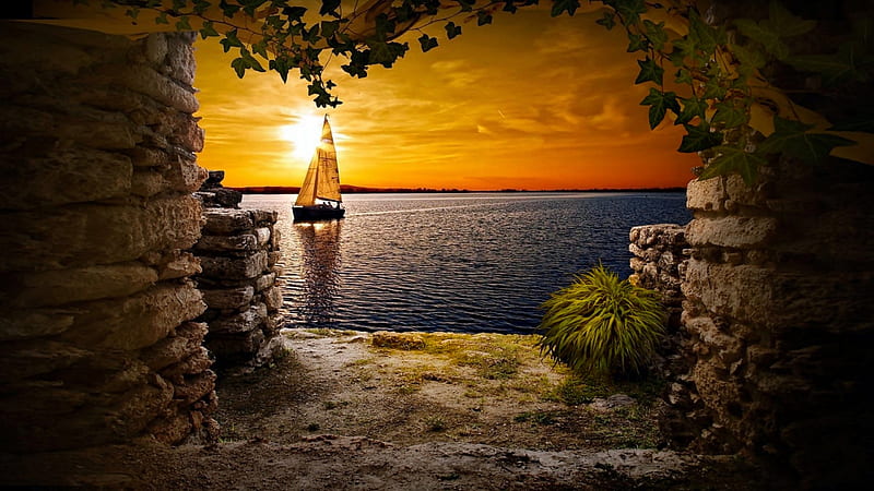 Sailboat in The Sunset, view, ocean, Scenic, sailboat, Sunset, cave, rocks, bonito, Cove, splendor, HD wallpaper