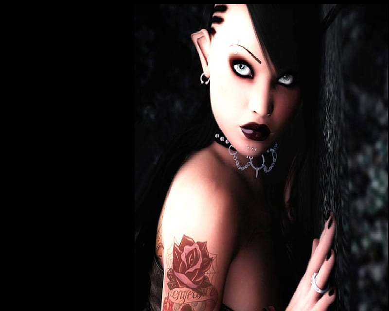 Goth Lady, piercing, tats, rose, blue eyes, HD wallpaper