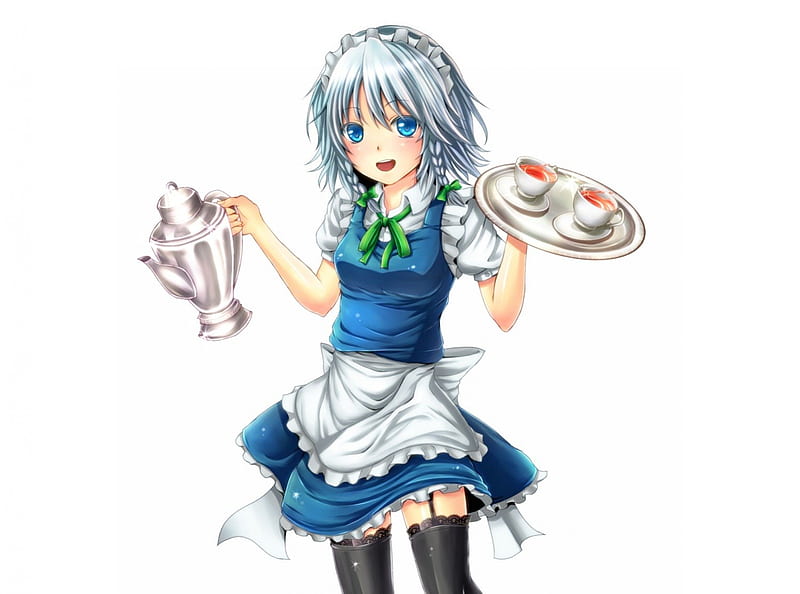 Tea Time!, tea cups, ribbons, tea, braids, short hair, anime, izayoi sakuya, touhou, maid, blue eyes, HD wallpaper