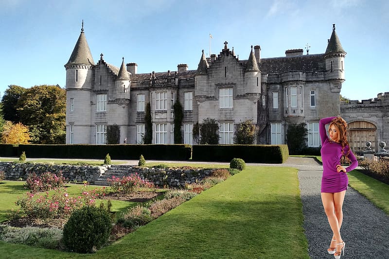 Back of Balmoral Castle, Scotland, model, scotland, castle, gardens, high heels, redhead, HD wallpaper