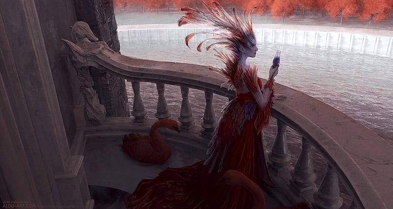 Red Swan Lady, aldo katayanagi, lady, swan, art, frumusete, dress ...
