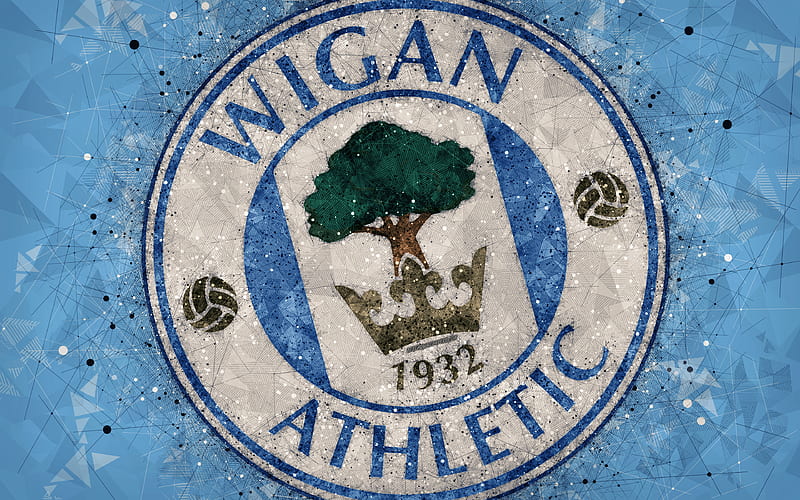 Wigan Athletic FC geometric art, logo, blue abstract background, English football club, emblem, EFL Championship, Wigan, England, United Kingdom, football, English Championship, HD wallpaper