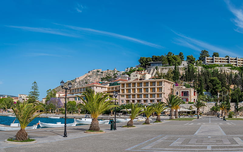 Nafplion, Acronauplia, Greece, coast, palm trees, resorts of Greece, summer travel, travel to Greece, HD wallpaper
